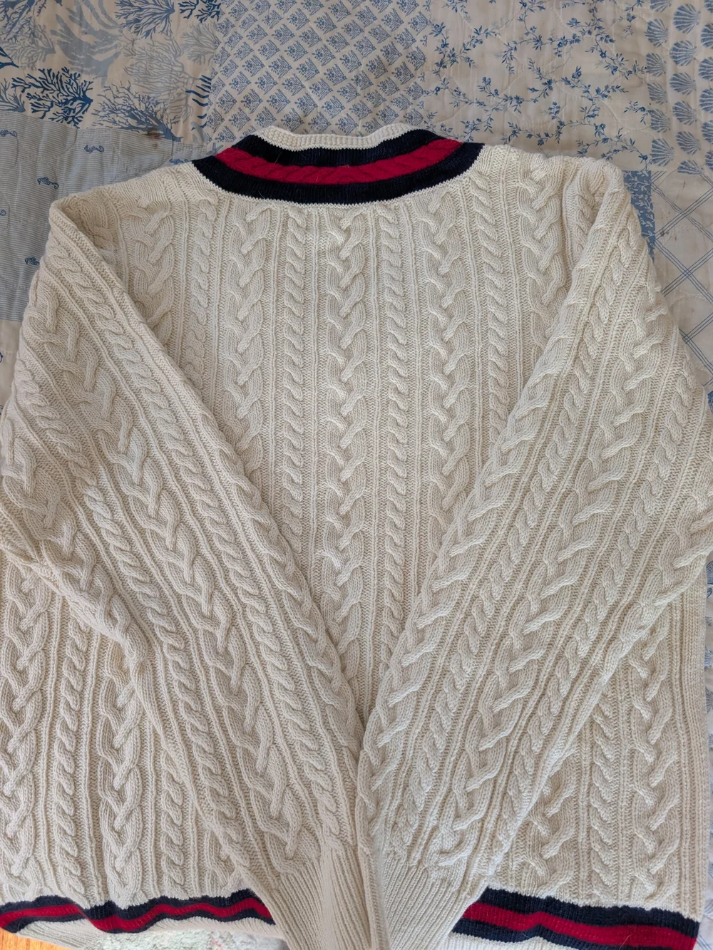 Polo by Ralph Lauren Cream Cable-Knit V-Neck Sweater with Navy & Red Trim